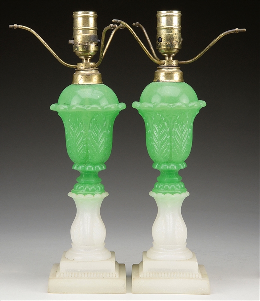 PAIR OF GREEN TULIP & COLUMN SANDWICH GLASS LAMPS.                                                                                                                                                      