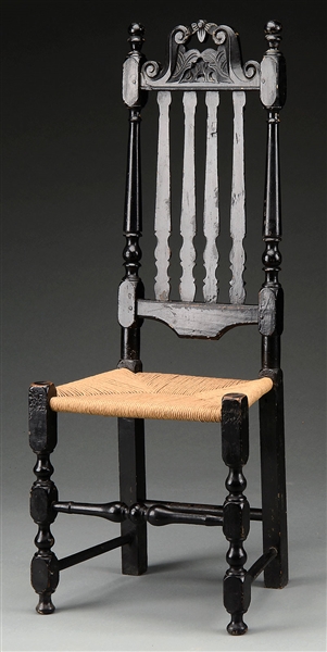BANISTER BACK SIDE CHAIR IN BLACK PAINT.                                                                                                                                                                