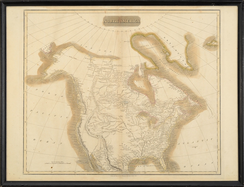 FRAMED MAP OF NORTH AMERICA BY N. R. HEWITT, LONDON, 1814.                                                                                                                                              
