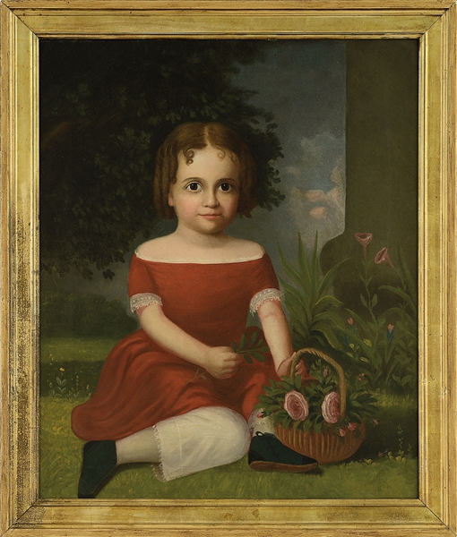 FOLK ART PORTRAIT OF A YOUNG CHILD IN RED WITH BASKET OF ROSES.                                                                                                                                         