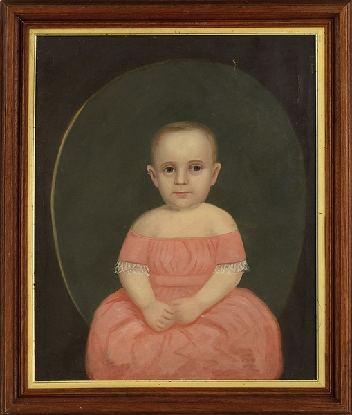 FOLK ART PORTRAIT OF YOUNG CHILD IN PINK DRESS ATTRIBUTED TO WILLIAM MATTHEW PRIOR.                                                                                                                     
