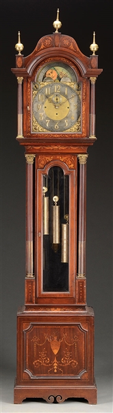 FINE TOBEY CLASSICAL REVIVAL INLAID MAHOGANY TALL CASE CLOCK.                                                                                                                                           