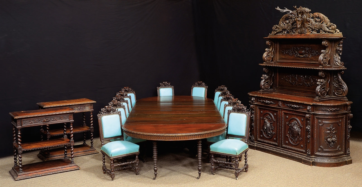 IMPORTANT ROCOCO REVIVAL OAK DINING SET ATTRIBUTED TO ALEXANDER ROUX.                                                                                                                                   