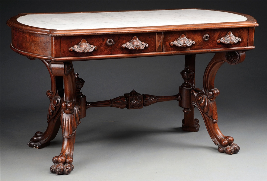 RENAISSANCE REVIVAL CARVED WALNUT MARBLE TOP LIBRARY TABLE.                                                                                                                                             