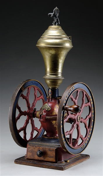 FINE PAINTED TABLE TOP COFFEE GRINDER NO. 600 BY THE CHARLES PARKER COMPANY OF MERIDEN, CONNECTICUT.                                                                                                    