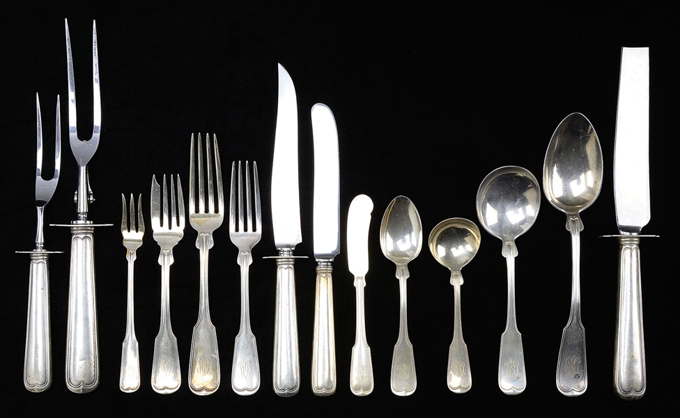 GORHAM STERLING SILVER CASED FLATWARE SERVICE IN THE THREADED ANTIQUE PATTERN.                                                                                                                          