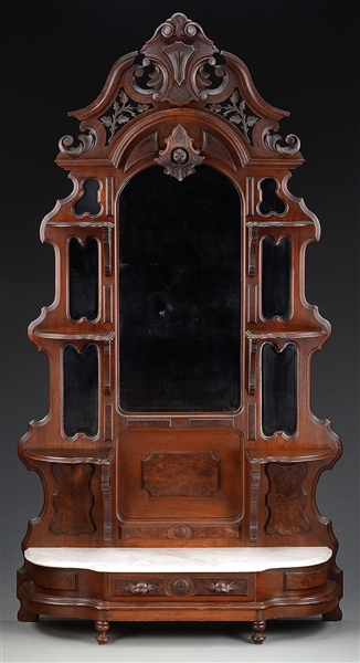 RENAISSANCE REVIVAL CARVED WALNUT MARBLE TOP ETAGERE BY PACKARD & SONS.                                                                                                                                 