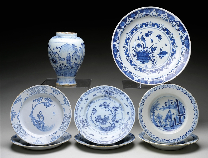 LOT OF DELFT INCLUDING: 3 PAIR OF PLATES, VASE AND CHARGER.                                                                                                                                             
