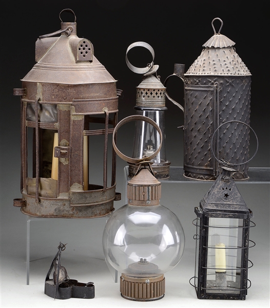 FINE GROUP OF FIVE EARLY AMERICAN LANTERNS.                                                                                                                                                             