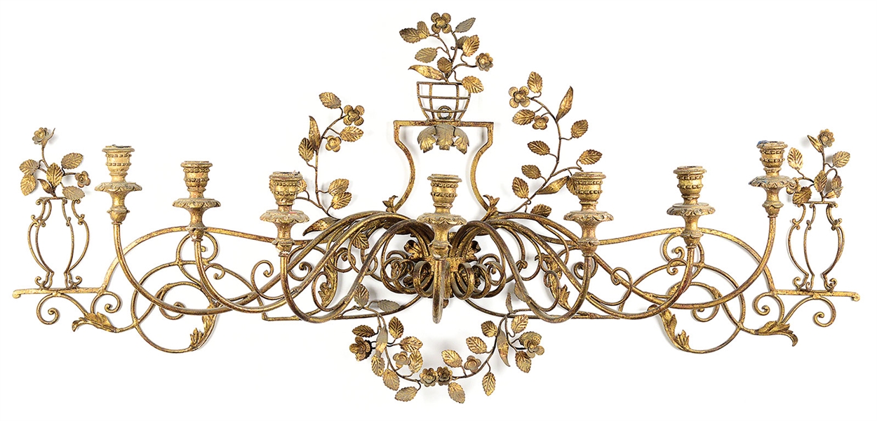 OUTSTANDING SEVEN-BRANCH GILT METAL FRENCH STYLE WALL SCONCE.                                                                                                                                           