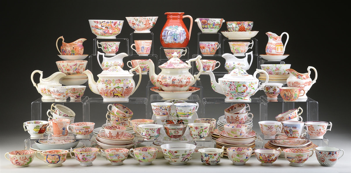 LARGE LOT OF 136-PIECE ASSEMBLED SOFT PASTE PORCELAIN IN CHINOISSERE STYLE                                                                                                                              
