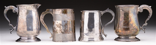 ONE QUEEN ANNE & THREE GEORGE III ENGLISH STERLING SILVER MUGS.                                                                                                                                         