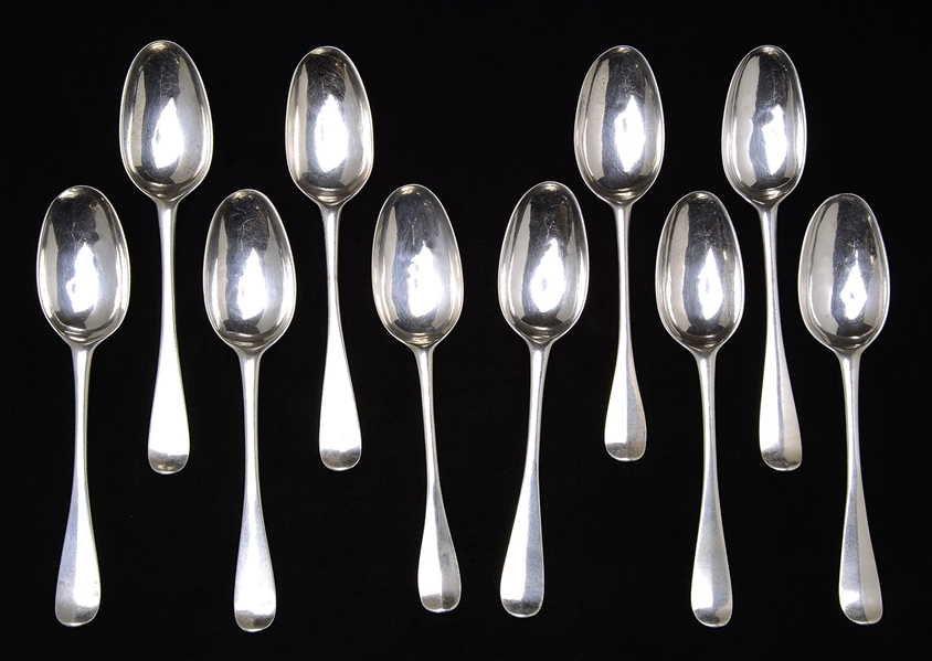 ASSEMBLED SET OF 10 GEORGE II SCOTTISH STERLING SILVER SPOONS BY EBENEZER OLIPHANT.                                                                                                                     