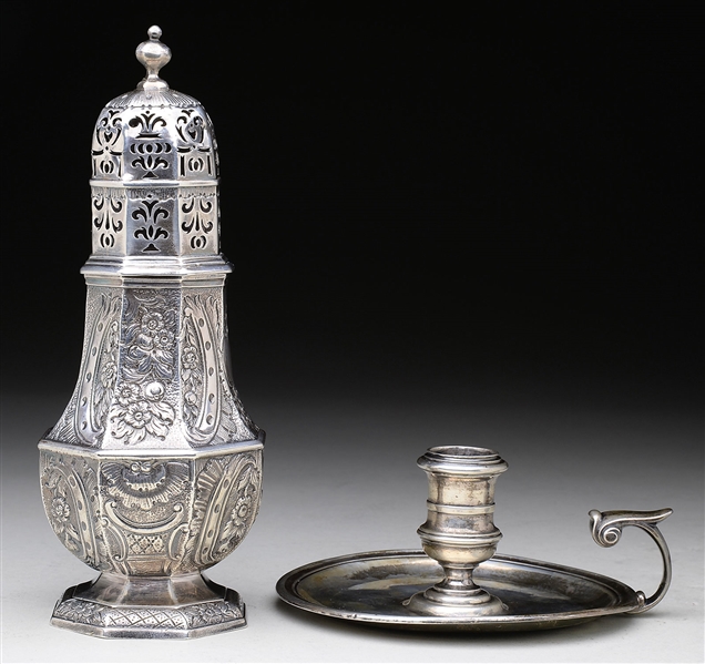GEORGE I ENGLISH STERLING CASTER BY CHARLES ADAM & GEORGE I ENGLISH STERLING CHAMBERSTICK BY JAMES WILKES.                                                                                              