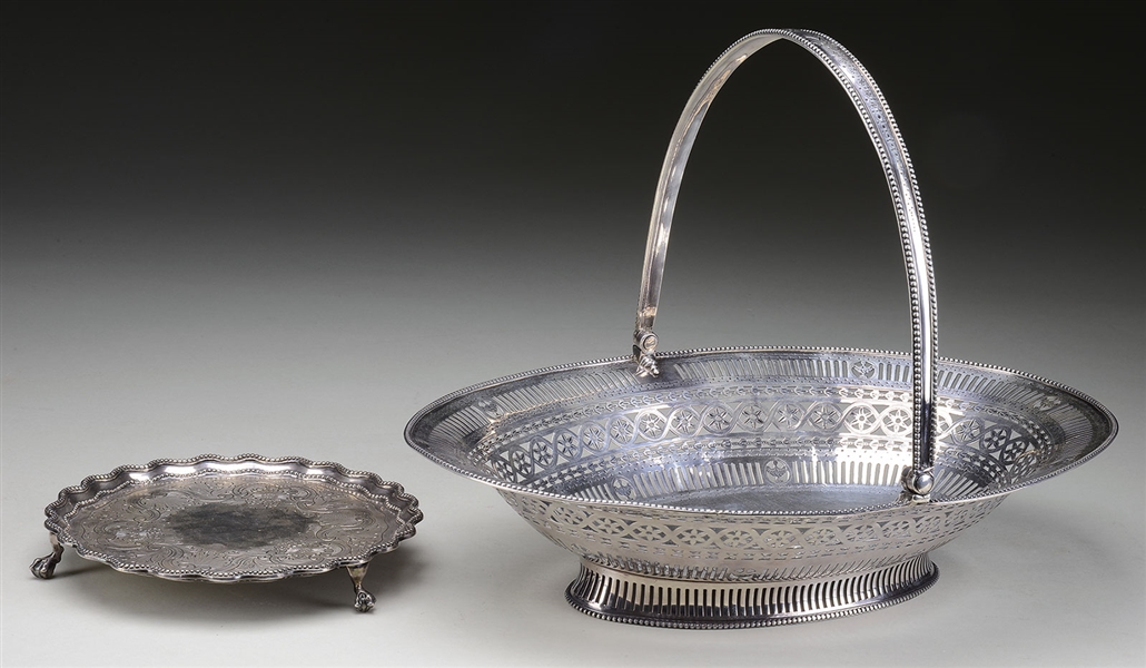 GEORGE III ENGLISH STERLING SWING HANDLED OVAL RETICULATED FOOTED BASKET AND GEORGE III SMALL FOOTED STERLING SALVER BY RICHARD RUGG...                                                                 