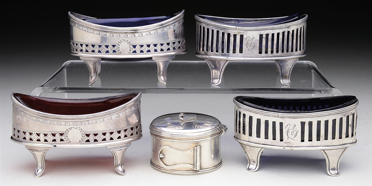 TWO PAIR OF GEORGE III STERLING OPEN SALTS WITH GLASS LINERS AND SILVER GEORGE III ENGLISH STERLING WICK BOX.                                                                                           