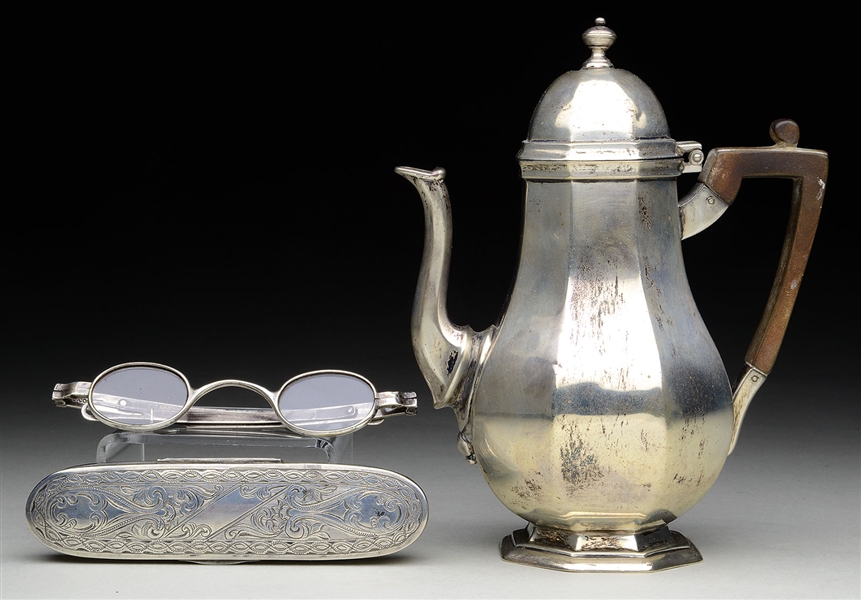 SMALL ENGLISH STERLING TEAPOT AND SILVER CASED EYEGLASSES.                                                                                                                                              