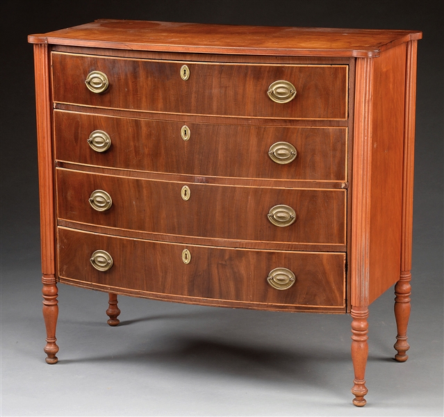 SHERATON MAHOGANY AND BIRCH BOW FRONT CHEST OF DRAWERS.                                                                                                                                                 