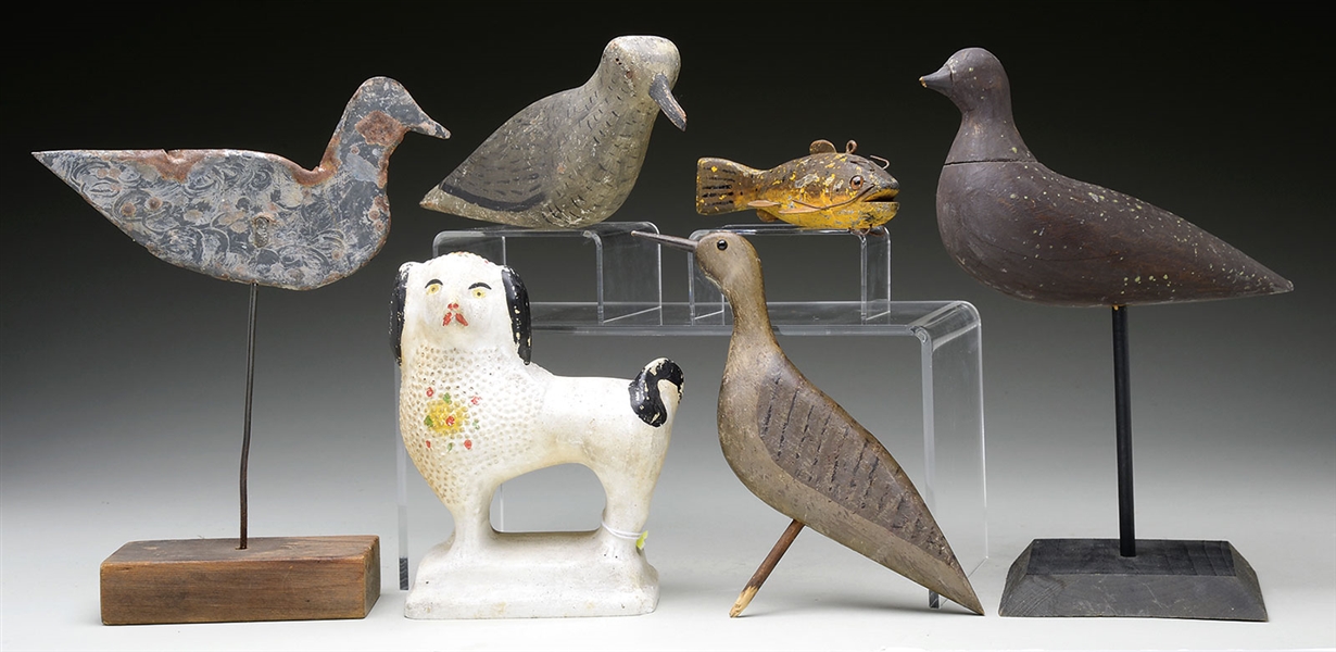 GROUP OF FOUR SHOREBIRD CARVINGS TOGETHER WITH CHALKWARE DOG AND FISH LURE.                                                                                                                             