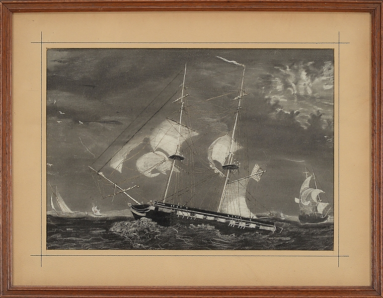 FINE SANDPAPER PAINTING OF A GUNSHIP AT SEA WITH OTHER SHIPS.                                                                                                                                           
