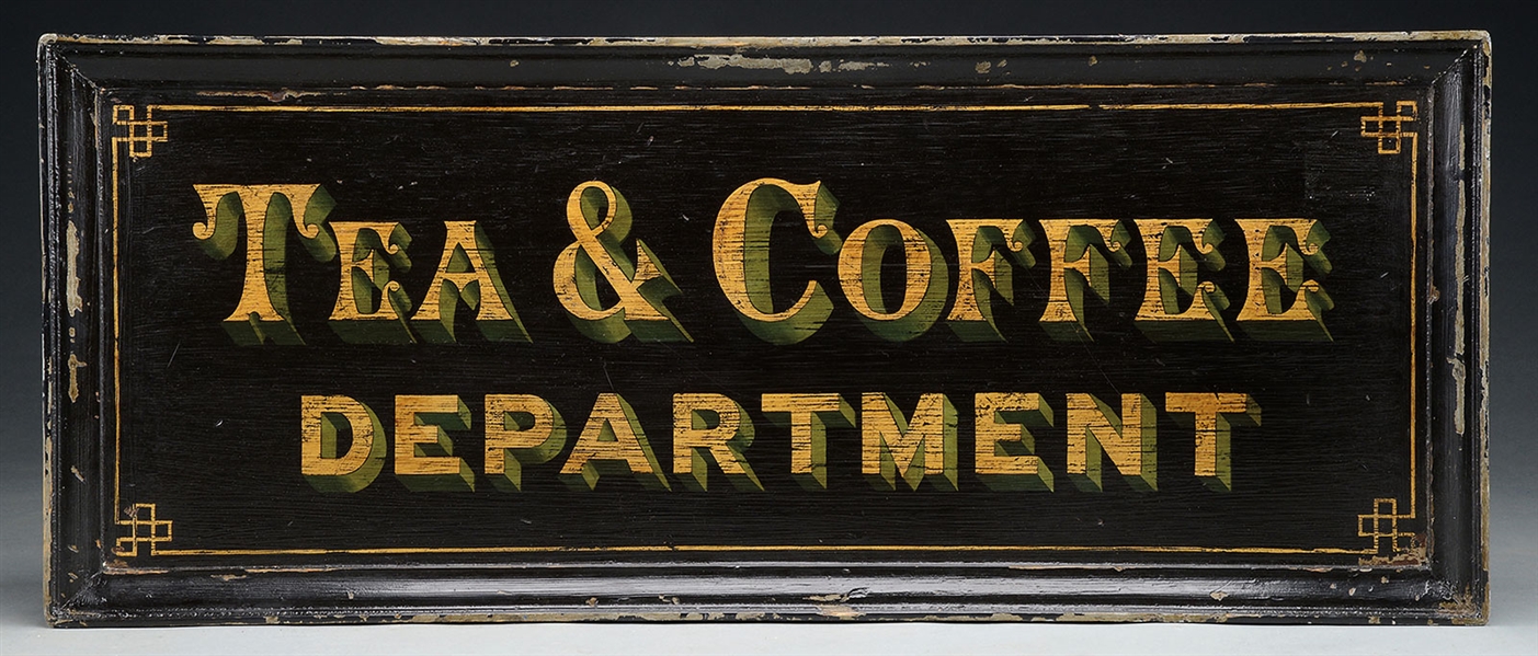 SELF-FRAMED MAHOGANY PAINTED "TEA & COFFEE DEPARTMENT" SIGN.                                                                                                                                            
