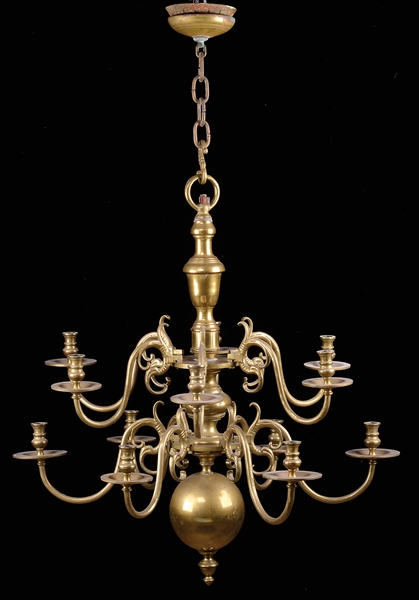 PAIR OF TWO-TIER DUTCH BRASS CHANDELIERS.                                                                                                                                                               