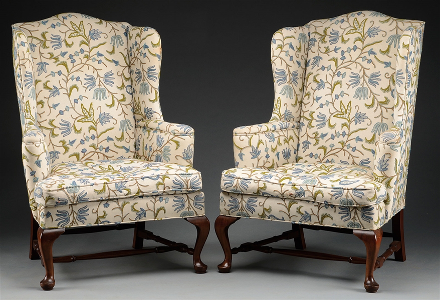 PAIR OF QUEEN ANNE STYLE WINGCHAIRS.                                                                                                                                                                    