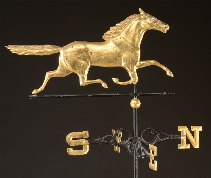 GOLD PAINTED ETHAN ALLEN RUNNING HORSE WEATHERVANE WITH DIRECTIONALS AND ROD.                                                                                                                           