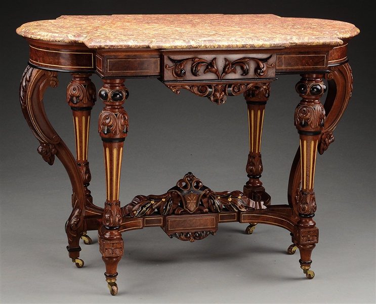 OUTSTANDING RENAISSANCE REVIVAL CARVED AND GILT WALNUT MARBLE TOP CENTER TABLE.                                                                                                                         