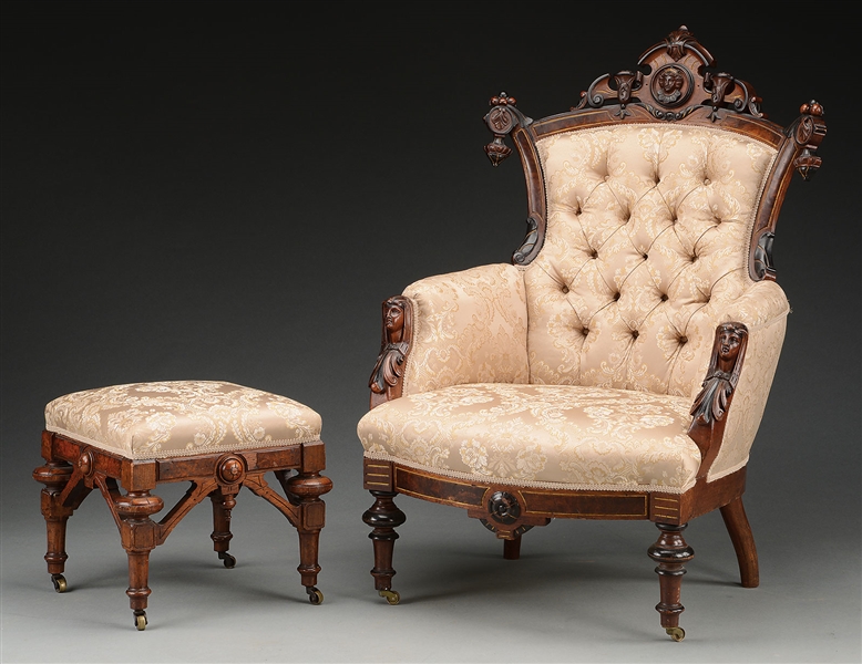FINE RENAISSANCE REVIVAL WALNUT ARMCHAIR ATTRIBUTED TO JOHN JELLIFF TOGETHER WITH A WALNUT FOOTSTOOL.                                                                                                   