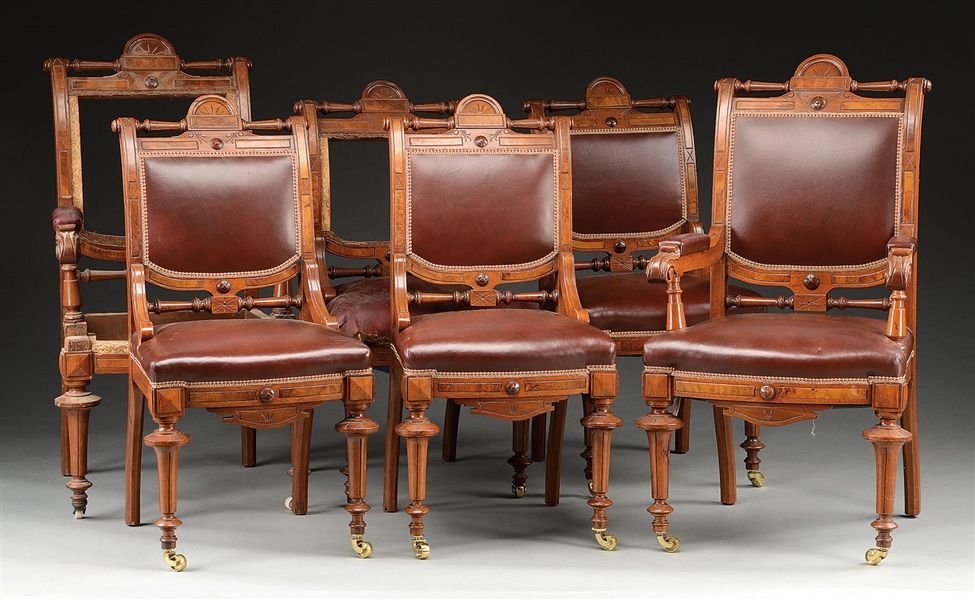 SET OF SIX EAST LAKE WALNUT VICTORIAN DINING CHAIRS.                                                                                                                                                    