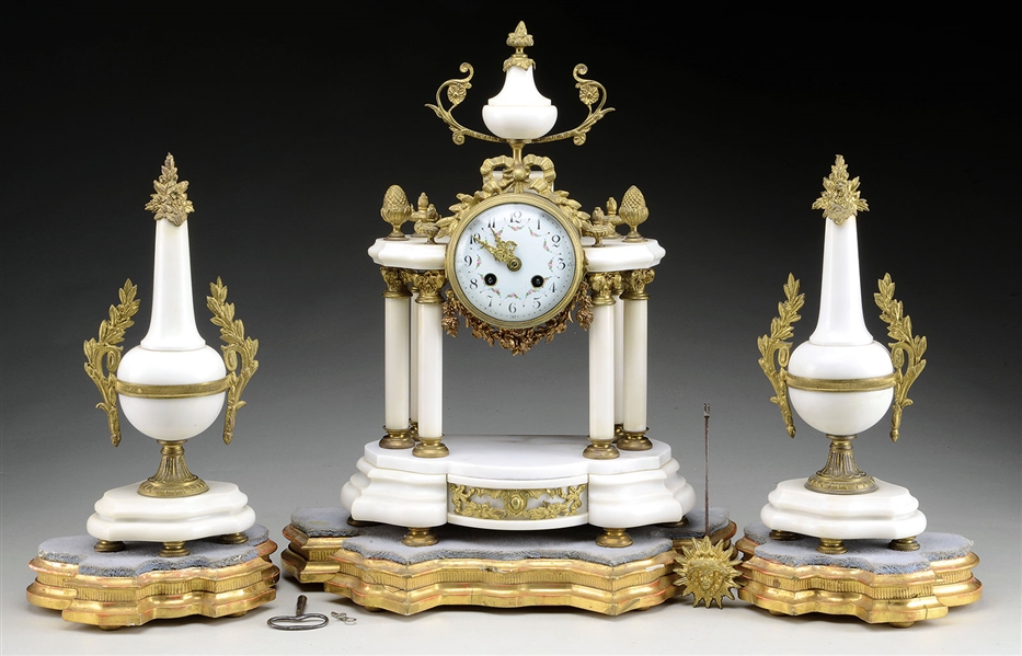 THREE PIECE ORMOLU AND WHITE MARBLE FRENCH CLOCK SET BY P. BONNET & R. POTTIER, PARIS.                                                                                                                  
