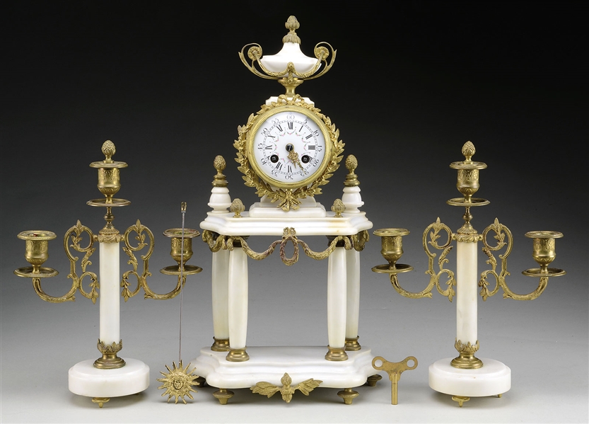 THREE PIECE ORMOLU AND WHITE MARBLE FRENCH CLOCK SET BY SAMUEL MARTI.                                                                                                                                   