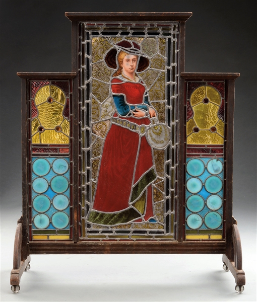 GOOD THREE-PART LEADED & STAINED GLASS FIRE SCREEN.                                                                                                                                                     