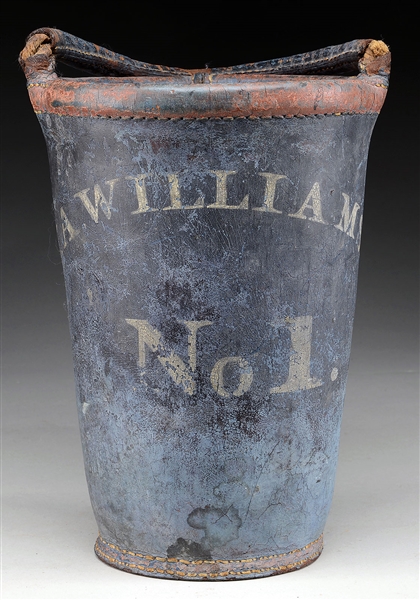 ANTIQUE LEATHER PAINTED FIRE BUCKET, "L.A. WILLIAMS NO 1."                                                                                                                                              