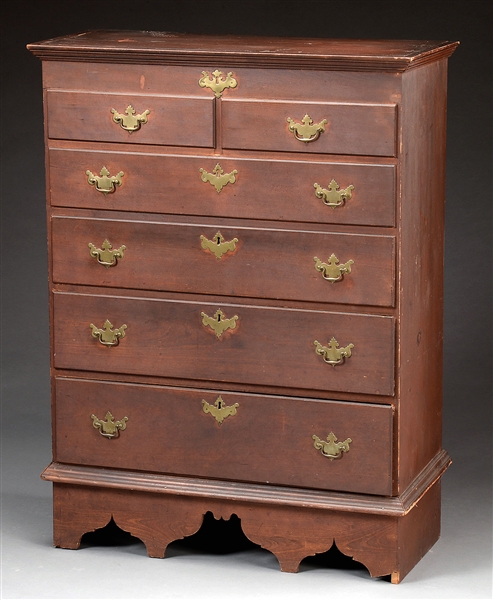 RARE AND IMPORTANT QUEEN ANNE CHERRY AND PINE BLANKET CHEST IN RED PAINT.                                                                                                                               