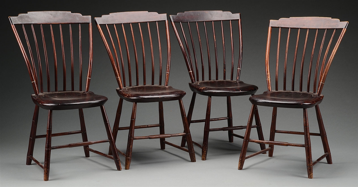 SET OF FOUR STEP-BACK WINDSOR SIDE CHAIRS.                                                                                                                                                              