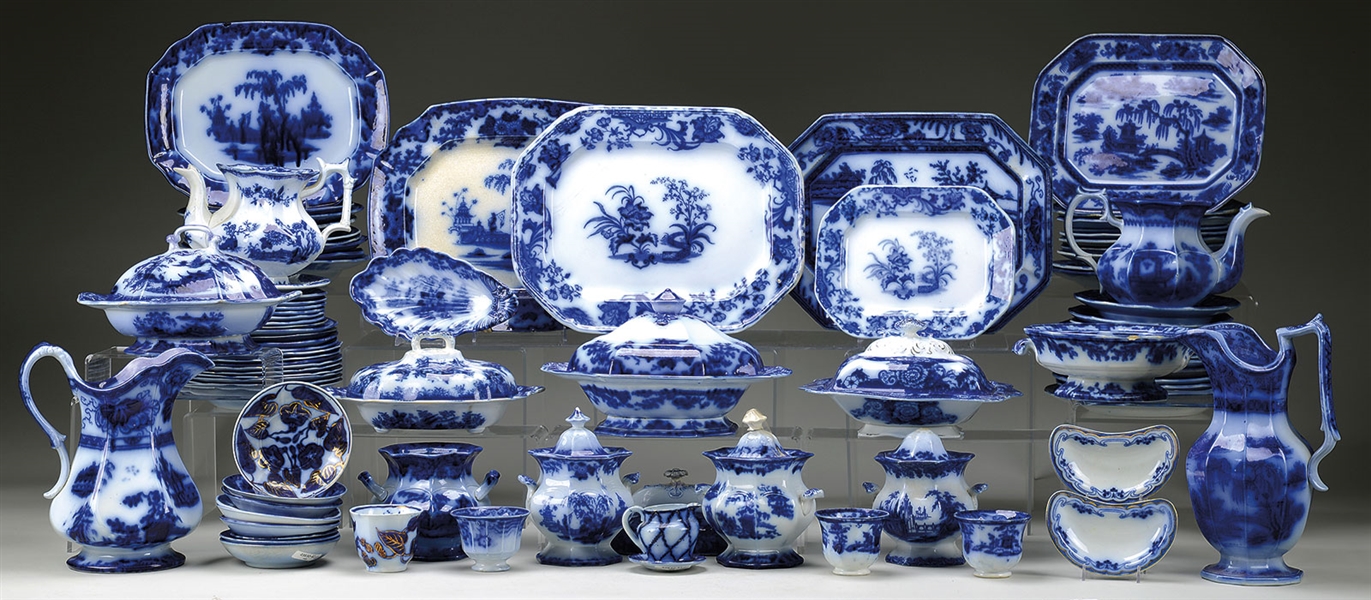 LARGE GROUPING OF APPROXIMATELY 92-PIECES FLOW BLUE IRONSTONE CHINA.                                                                                                                                    