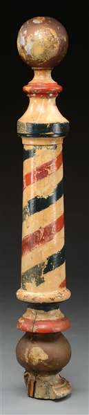ANTIQUE PAINTED AND CARVED BARBERS POLE.                                                                                                                                                               