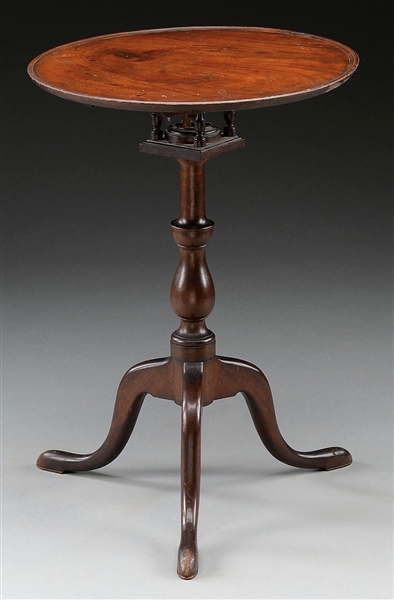 FIGURED MAHOGANY DISH TOP BIRDCAGE QUEEN ANNE CANDLESTAND.                                                                                                                                              