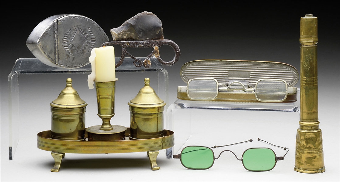 MISCELLANEOUS LOT INCLUDING BRASS INK STAND, EYEGLASSES CASE WITH TWO PAIR OF EYE GLASSES, BRASS STRIKER AND FLINT BOX WITH FLINT.                                                                      