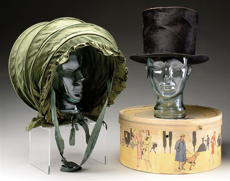 BEAVER TOP HAT AND GREEN LADIES CALASH BONNET WITH BOX.                                                                                                                                                 