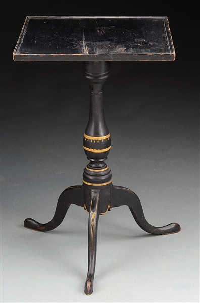 CHIPPENDALE TRAY TOP CANDLESTAND IN BLACK FINISH.                                                                                                                                                       