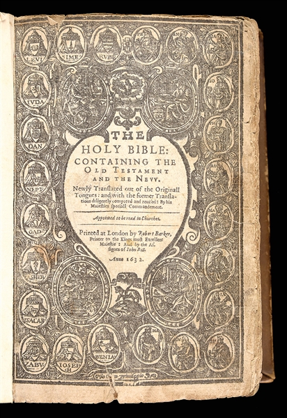 LEATHER BOUND BIBLE PRINTED IN LONDON BY ROBERT BARKER, 1632.                                                                                                                                           