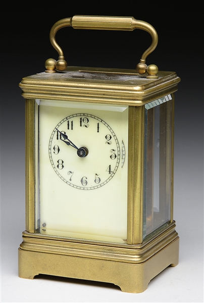 GLASS AND BRASS CHELSEA CLOCK COMPANY CARRIAGE CLOCK.                                                                                                                                                   