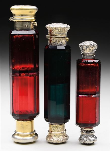 FINE LOT OF 3 COLORED CUT GLASS DOUBLE SCENT BOTTLES.                                                                                                                                                   