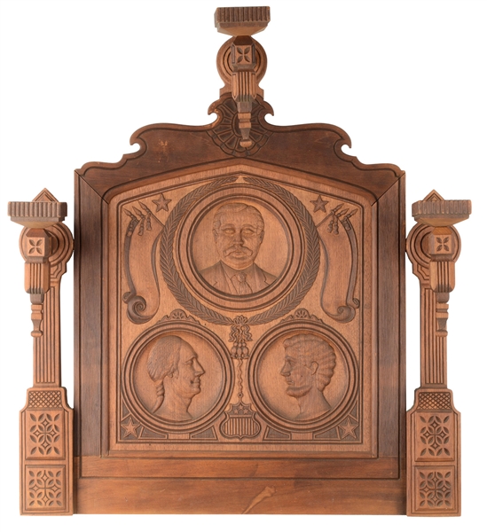 OUTSTANDING CARVED WOOD ARCHITECTURAL FRAGMENT WITH IMAGES OF ROOSEVELT, LINCOLN AND WASHINGTON.                                                                                                        