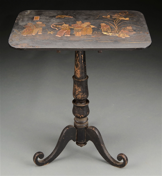 UNUSUAL CHINOISERIE DECORATED TILT TOP TABLE.                                                                                                                                                           