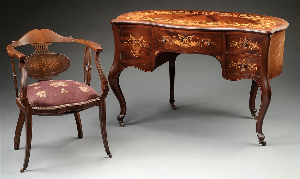 FINE BENCHMADE MARQUETRY WRITING DESK WITH ASSOCIATED ARMCHAIR.                                                                                                                                         