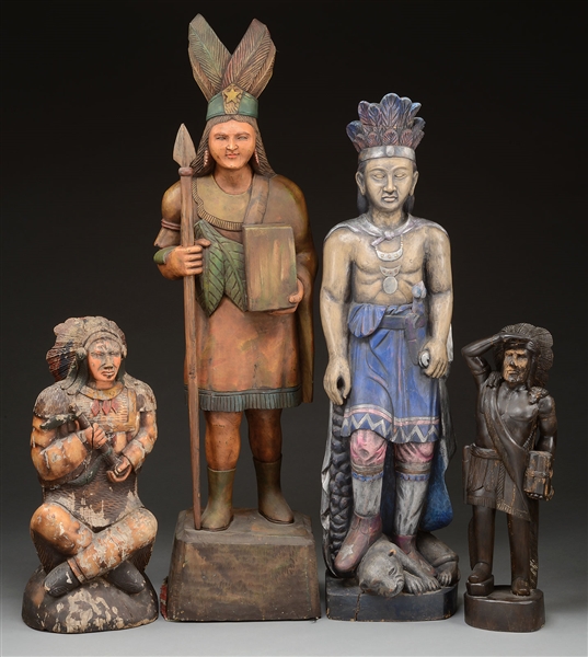 FOUR WOOD CARVINGS OF INDIAN CHIEFS.                                                                                                                                                                    